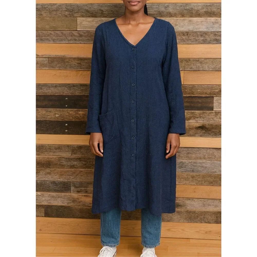 Flax NWOT navy blue button front heavy linen jacket boho lagenlook size Medium